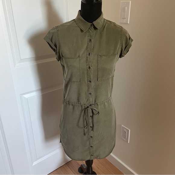Paige Mika Collared Shirt Dress in Desert Olive Button Up Tie Waist EUC Size XS - Picture 2 of 8